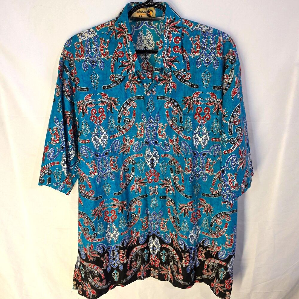 Aneka Batik Papua Indonesia Shirt Turquoise Blue Tribal Bird of Paradise L5 2XL